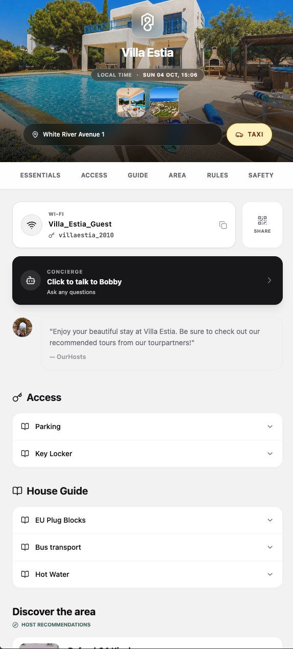 The guest view: welcome screen with Wi-Fi, concierge and the host's message